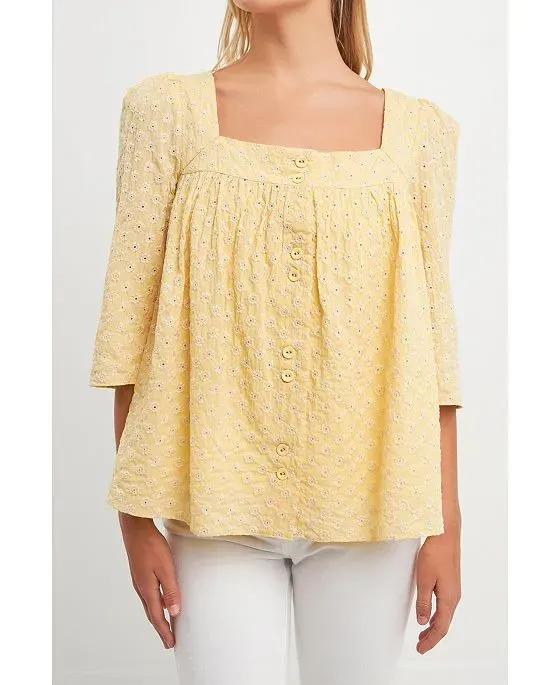 Women's Embroidered Cotton Square Neck Top