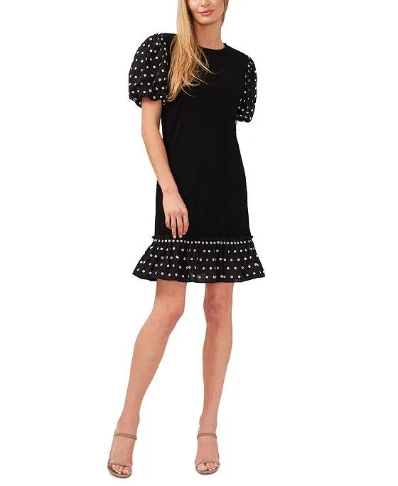 Women's Embroidered Eyelet Puffed Sleeve Dress