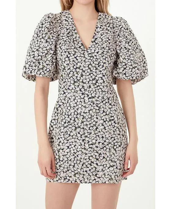 Women's Embroidered Floral Mix Puff Sleeve Mini Dress