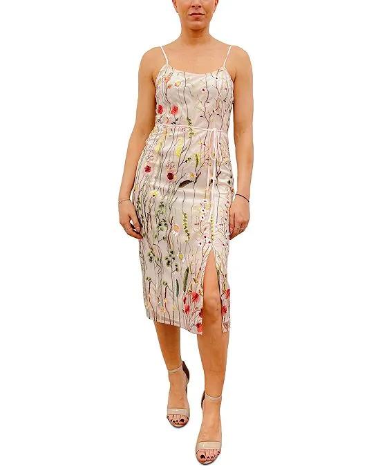 Women's Embroidered Floral Stems Sheath Dress