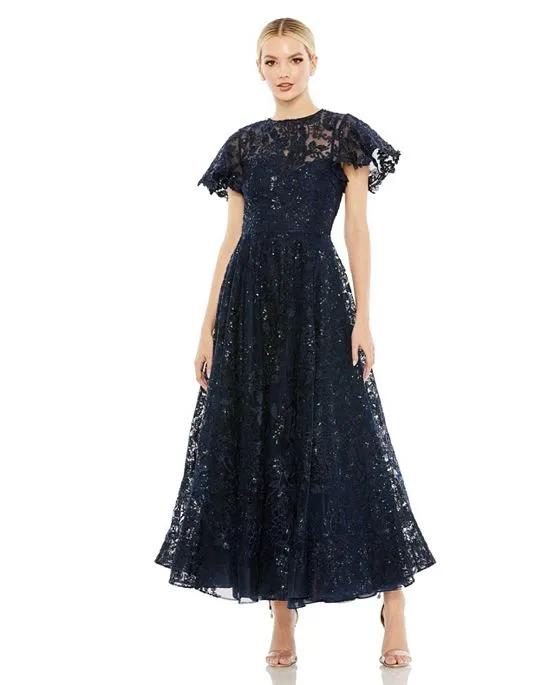 Women's Embroidered High Neck Cap Sleeve A Line Gown