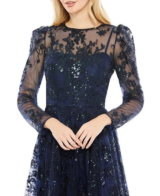 Women's Embroidered Illusion High Neck A Line Dress