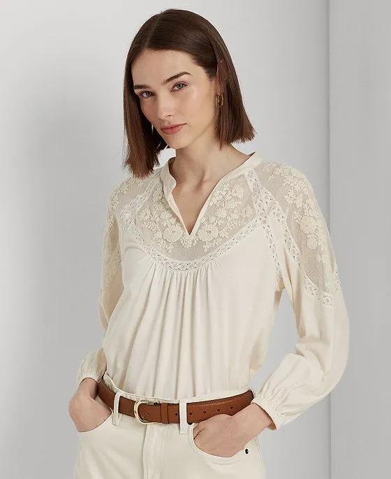 Women's Embroidered Jersey Blouson-Sleeve Top