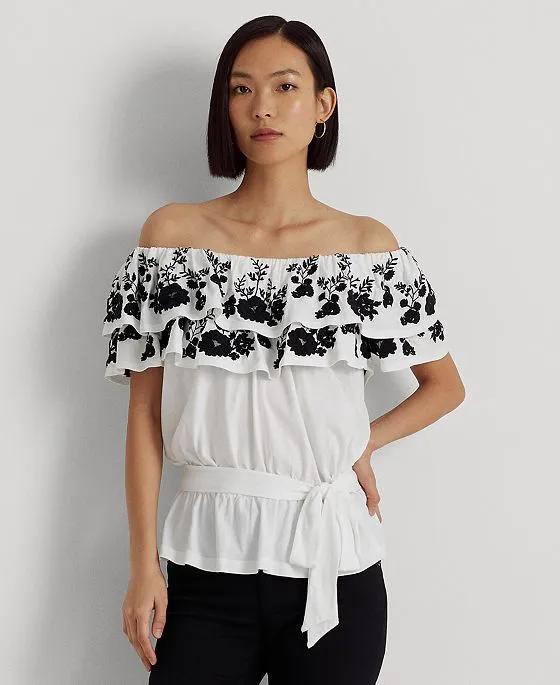 Women's Embroidered Jersey Off-the-Shoulder Top