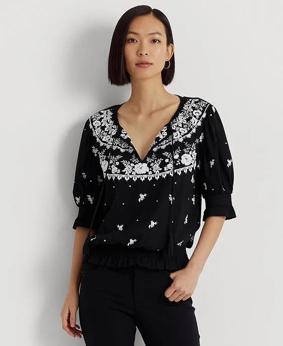 Women's Embroidered Jersey Tie-Neck Top