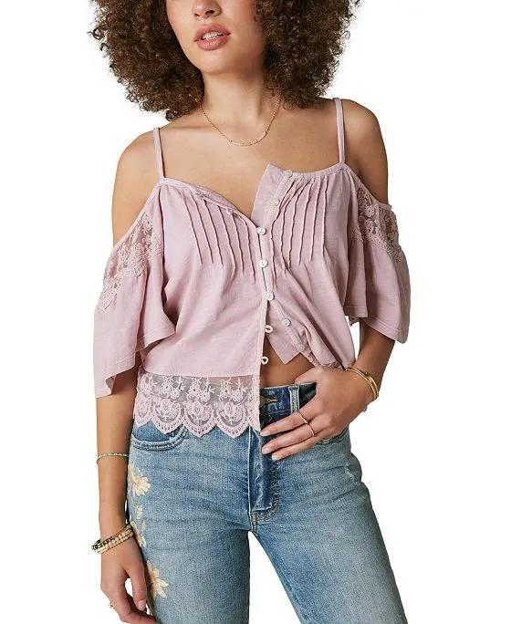 Women's Embroidered Lace Cold-Shoulder Top 