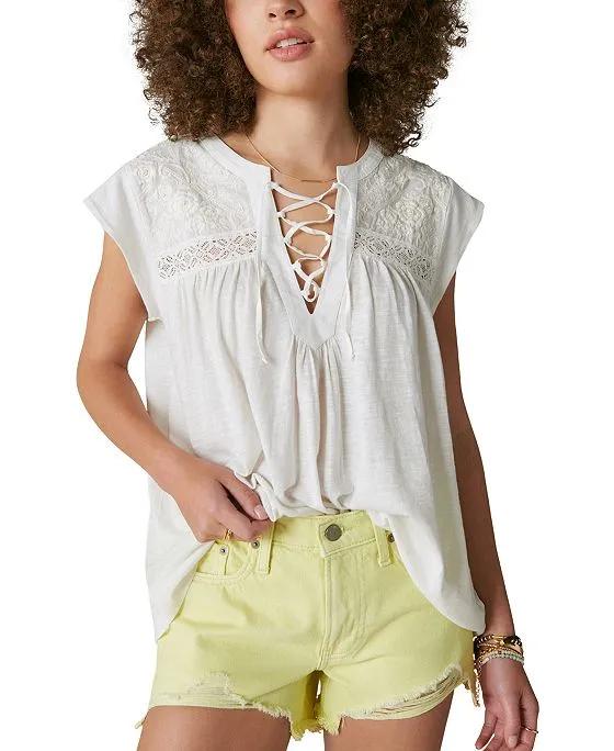 Women's Embroidered Lace-Up Top  