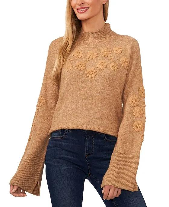 Women's Embroidered Mock Neck Bell-Sleeve Sweater