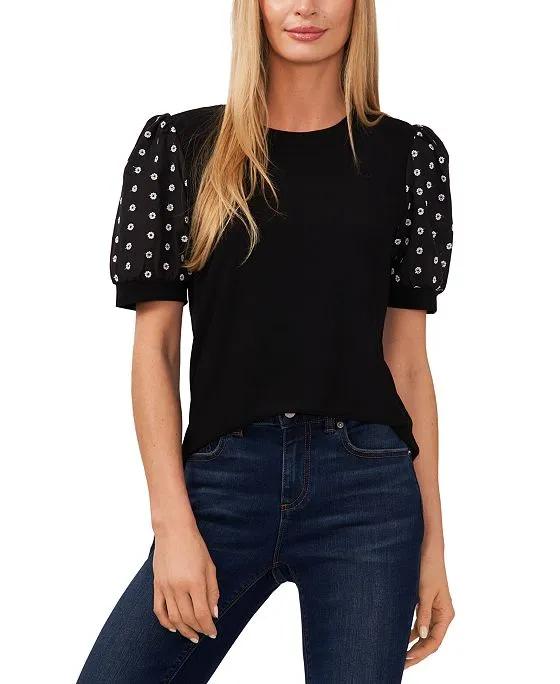 Women's Embroidered Puff-Sleeve Knit Top