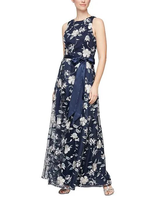 Women's Embroidered Satin-Belt Gown