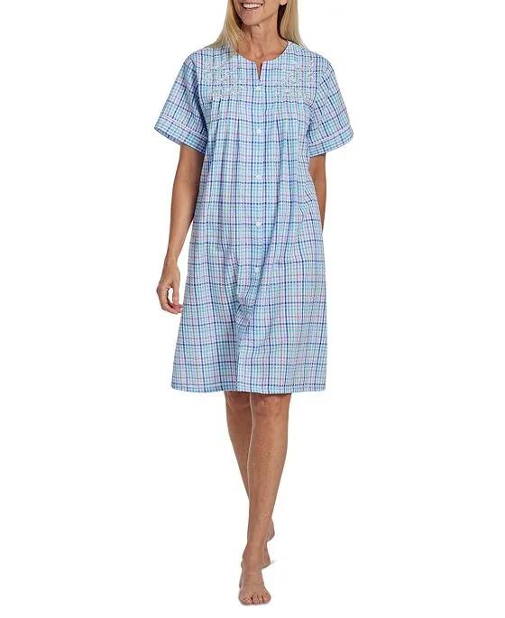 Women's Embroidered Short-Sleeve Plaid Robe