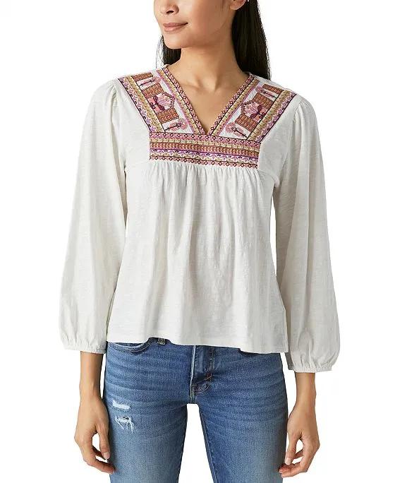 Women's Embroidered V-Neck 3/4-Sleeve Peasant  Top