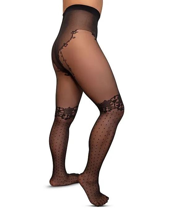Women's European Made Lace With Dots Print 1 Pair of Tights