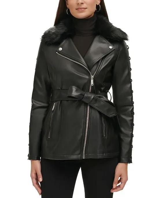Women's Faux-Fur-Trim Faux-Leather Belted Jacket