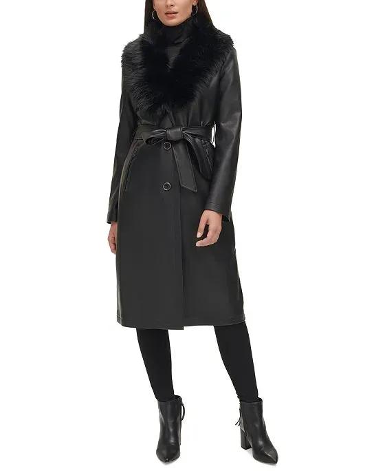 Women's Faux-Fur-Trim Faux-Leather Coat
