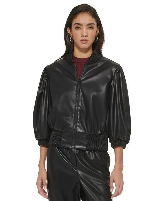 Women's Faux-Leather Blouson-Sleeve Cropped Bomber Jacket