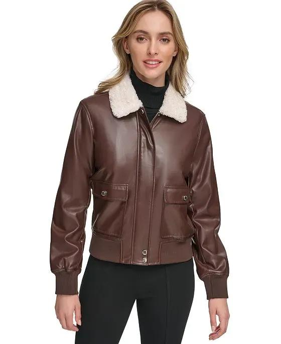 Women's Faux-Leather Bomber Jacket 