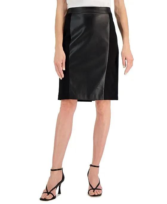 Women's Faux-Leather-Front Pull-On Skirt