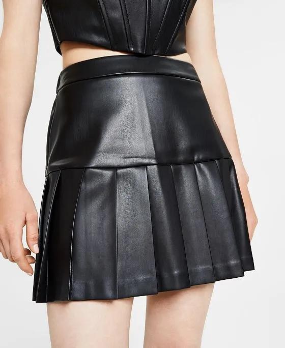 Women's Faux-Leather Pleated Mini Skirt, Created for Macy's