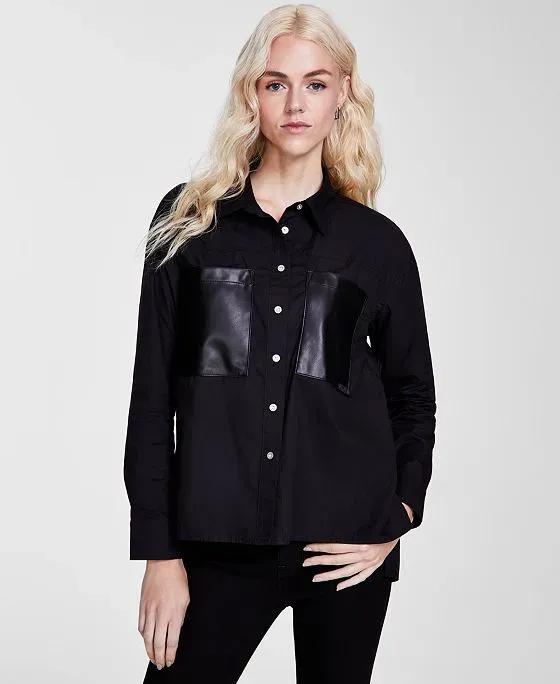 Women's Faux-Leather-Pocket High-Low Shirt