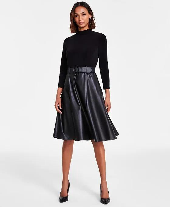 Women's Faux-Leather-Skirt A-Line Dress