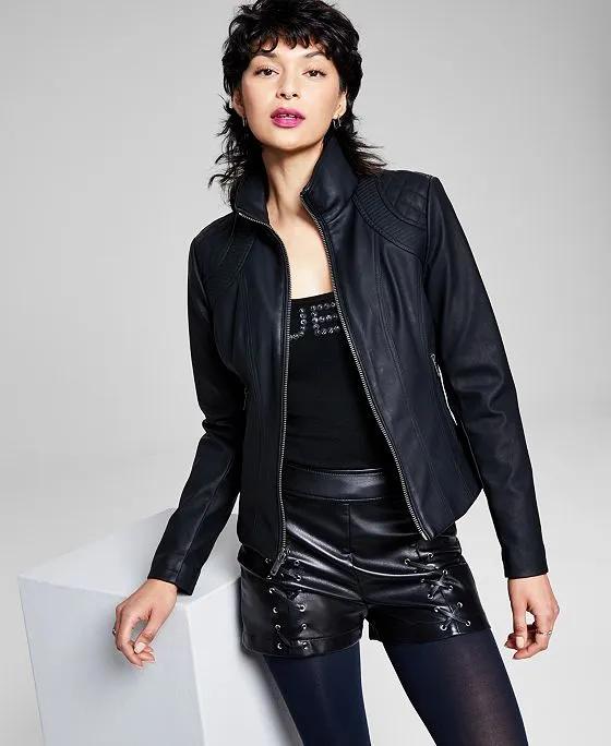 Women's Faux-Leather Stand-Collar Jacket, Created for Macy's