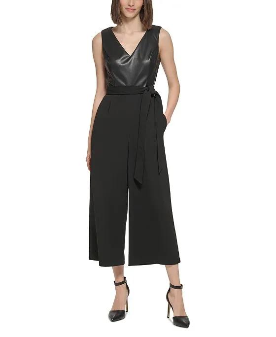 Women's Faux-Leather-Top Belted Jumpsuit