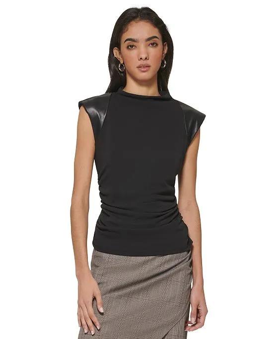 Women's Faux-Leather-Trim Ruched Top