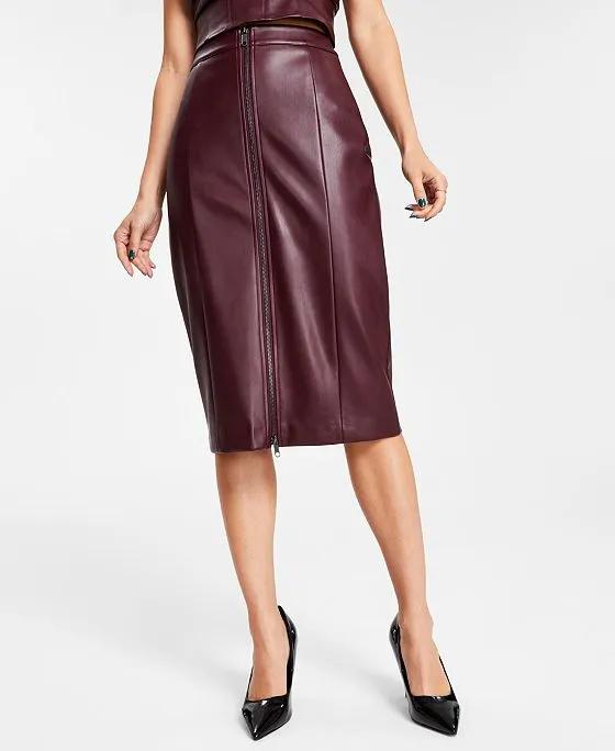 Women's Faux-Leather Zip-Front Midi Skirt, Created for Macy's