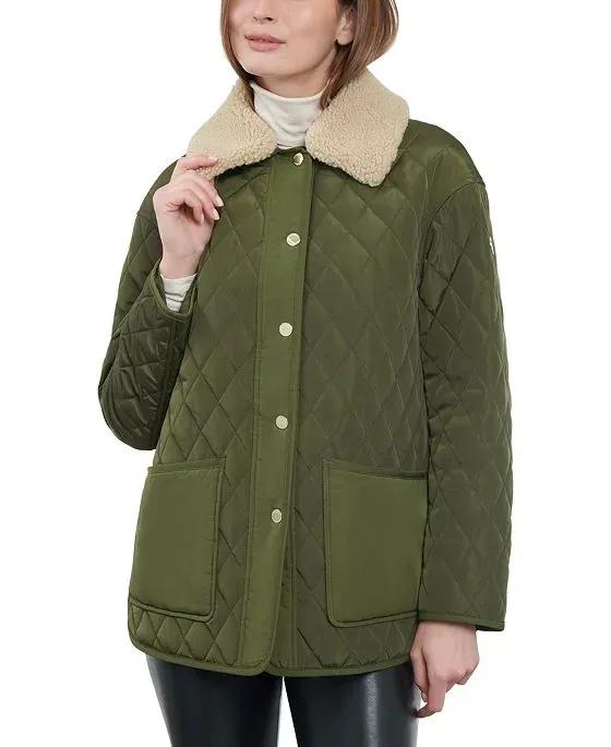 Women's Faux-Sherpa-Collar Quilted Coat