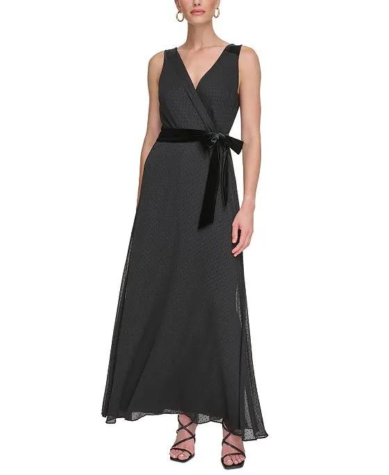 Women's Faux-Wrap Belted Sleeveless Gown