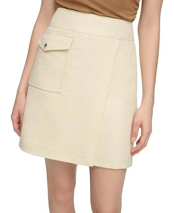 Women's Faux-Wrap Tweed Pocket-Front Pencil Skirt