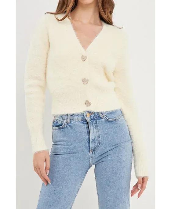 Women's Feathered Plush Heart Buttoned Cardigan
