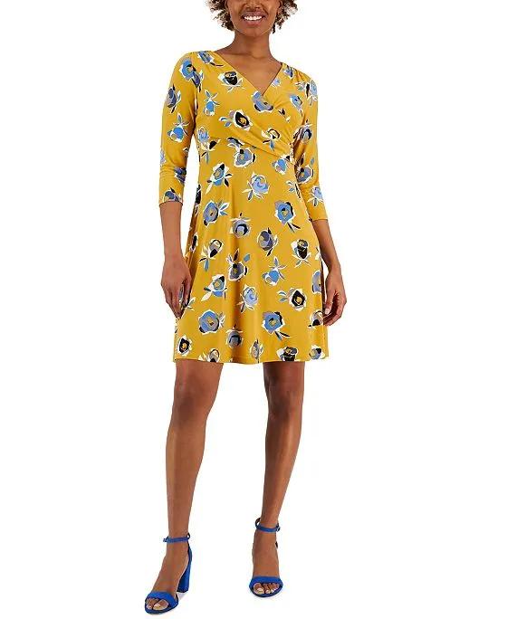 Women's Floral 3/4-Sleeve Wrap Fit & Flare Dress