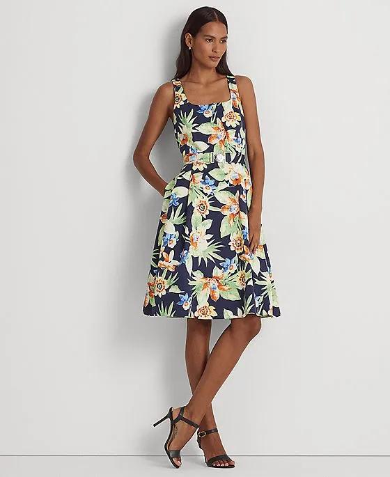 Women's Floral Belted Faille Cocktail Dress