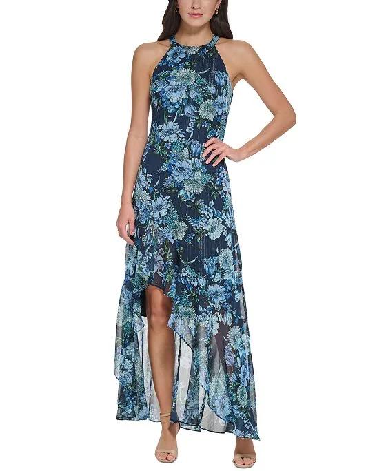 Women's Floral Chiffon Ruffled Halter Gown