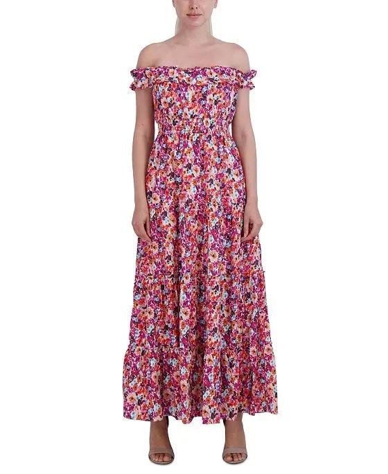 Women's Floral Cotton Off-The-Shoulder Maxi Dress