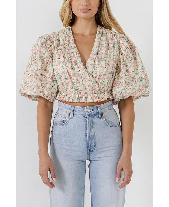 Women's Floral Embroidered Blouson Top