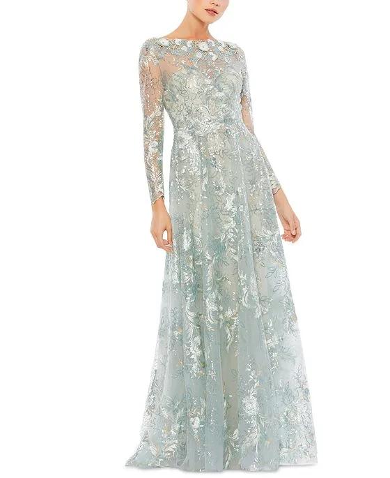 Women's Floral Embroidered Illusion Long Sleeve Gown