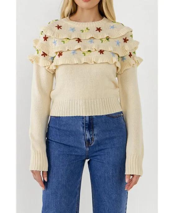 Women's Floral Handmade Embroidery Ruffle Detail Sweater