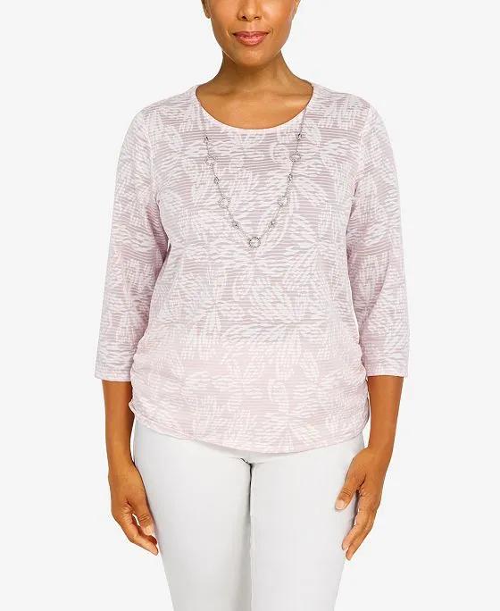 Women's Floral Jacquard Butterfly 3/4 Sleeve Top with Necklace