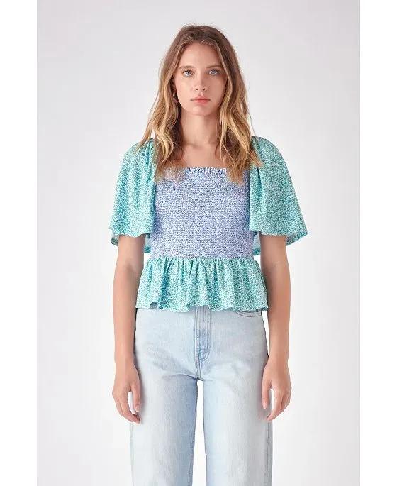 Women's Floral Knit Smocked Top