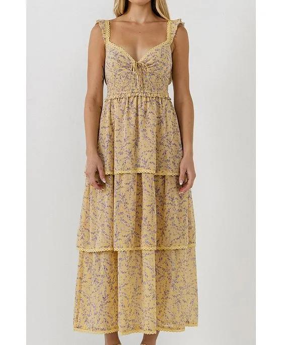 Women's Floral Lace Trim Detail Maxi Dress