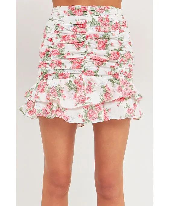 Women's Floral Linen Ruffled Mini Skirt