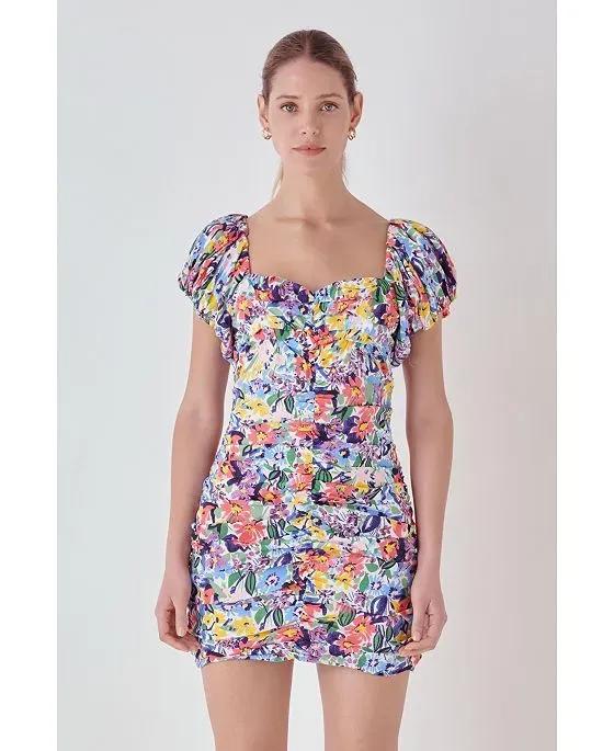 Women's Floral Off the Shoulder Ruched Mini Dress