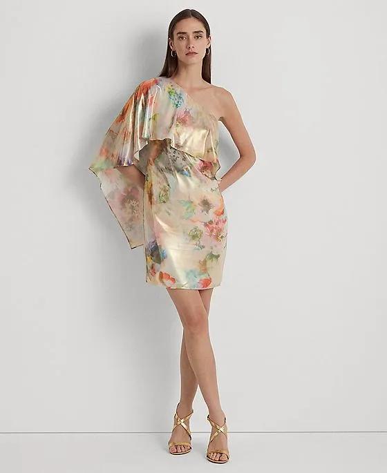 Women's Floral One-Shoulder Cape Cocktail Dress