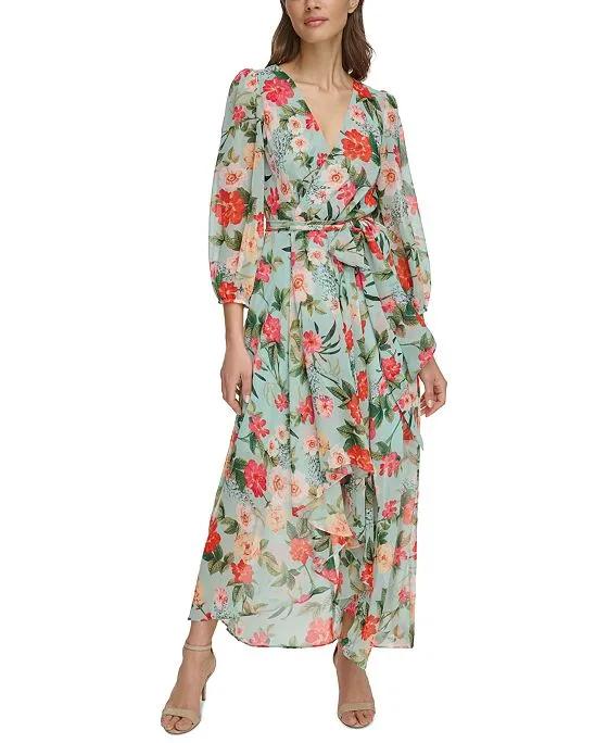 Women's Floral-Print 3/4-Sleeve Faux-Wrap Dress