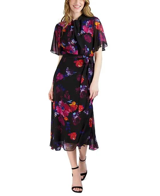 Women's Floral-Print Belted Flutter-Sleeve Dress