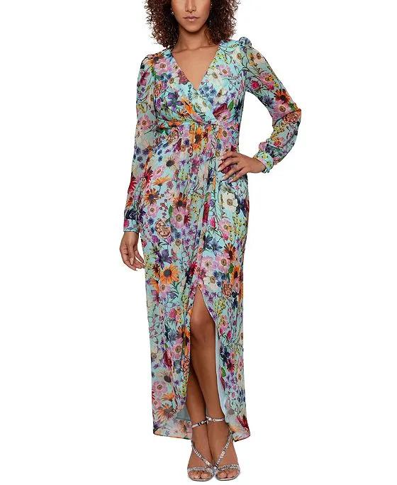 Women's Floral-Print Blouson-Sleeve High-Low Maxi Dress