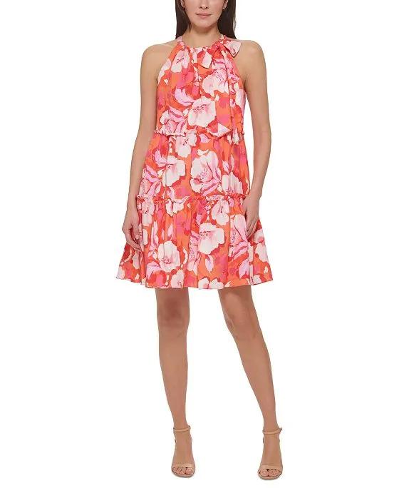 Women's Floral-Print Bow-Neck Ruffled Tiered Trapeze Dress